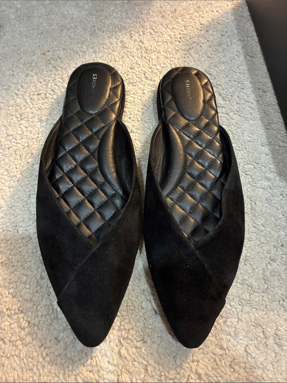 Birdies Black Pointed-Toe Quilted Insole Mules